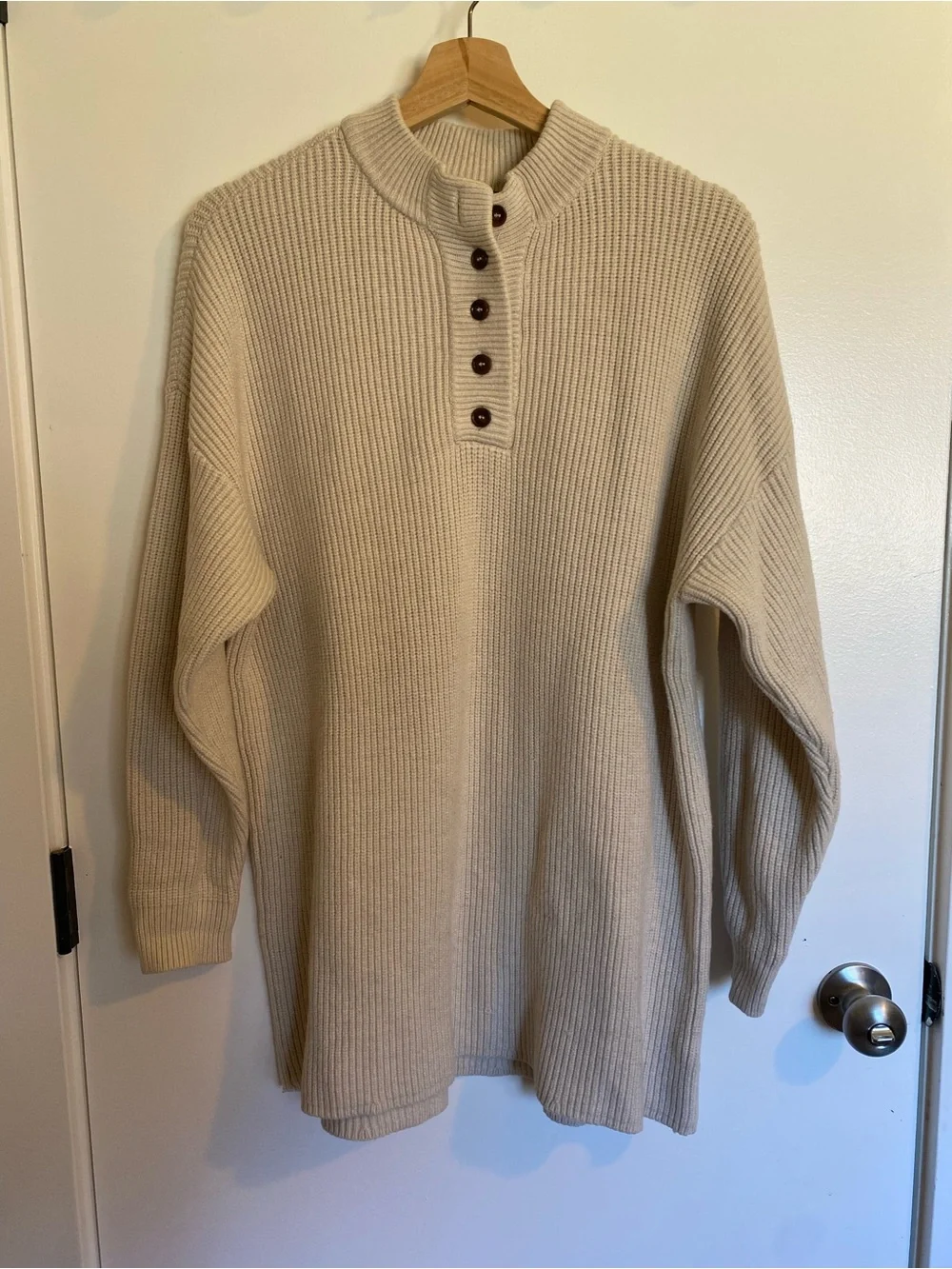 Lulus Cream Ribbed Henley Sweater Dress with Button Placket